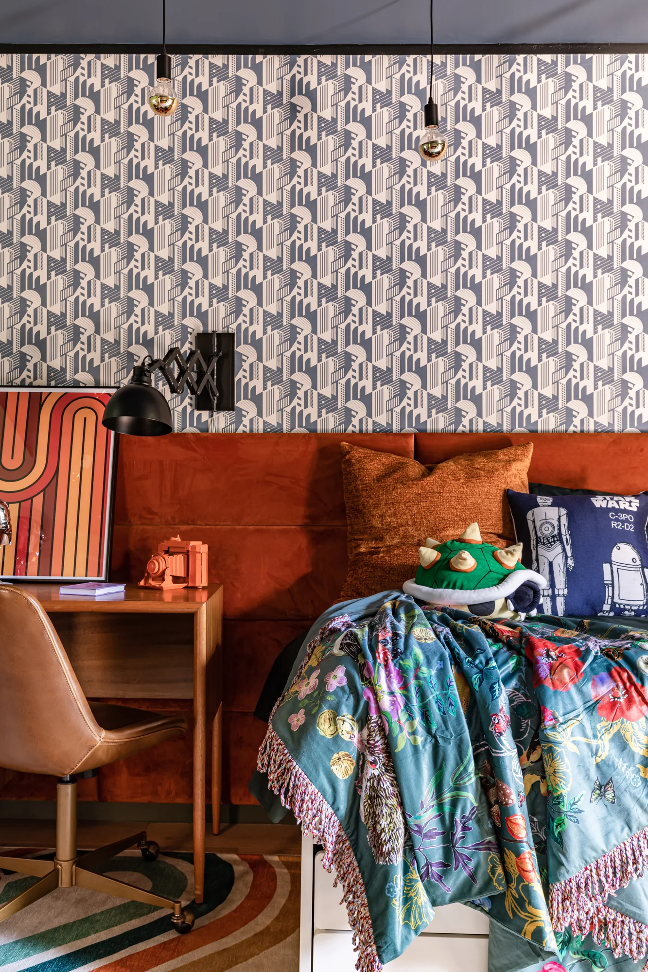 Bunk beds against a graphic black-and-white wallcovering