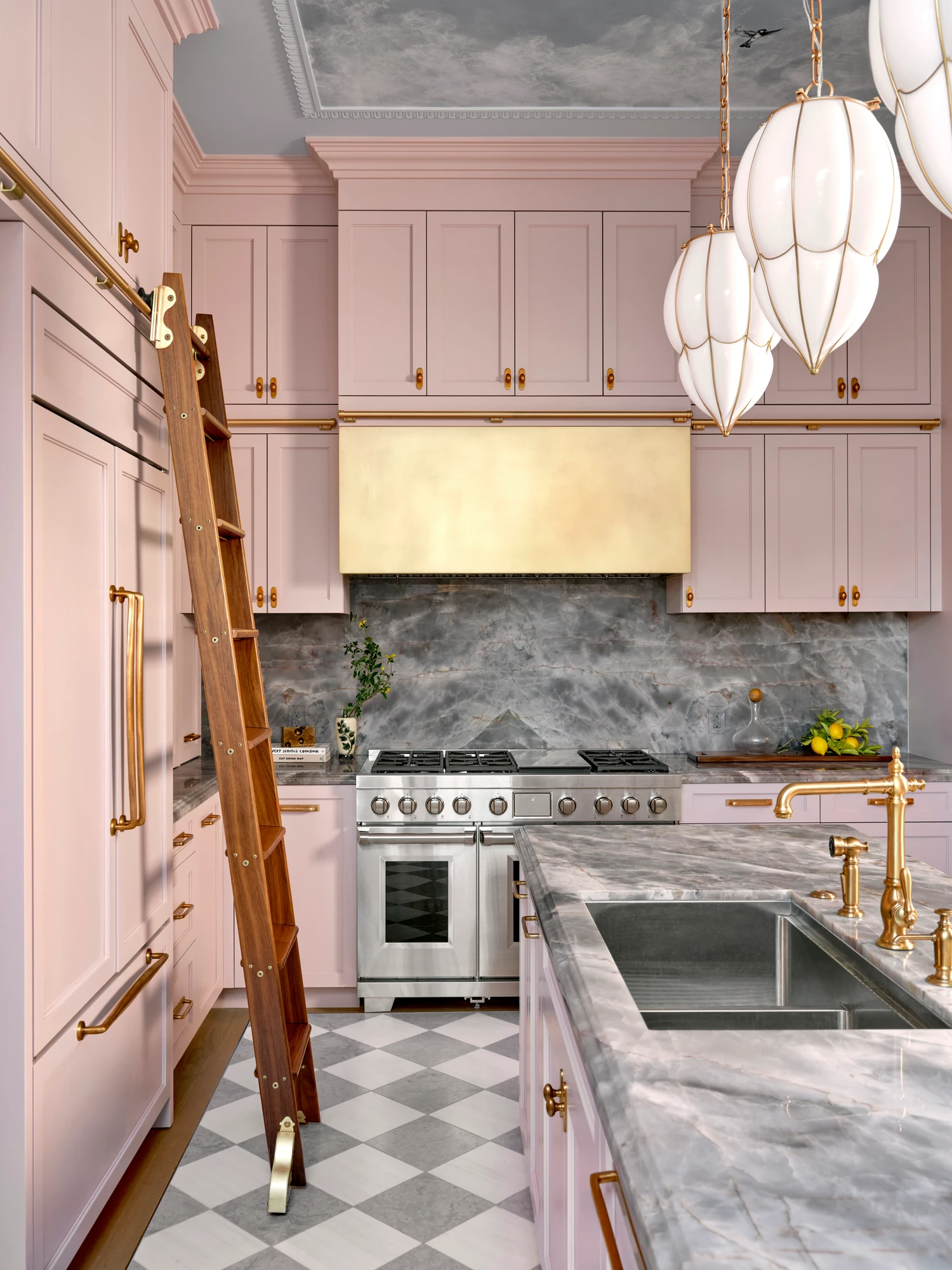 Pink cabinetry, brass range hood and library ladder