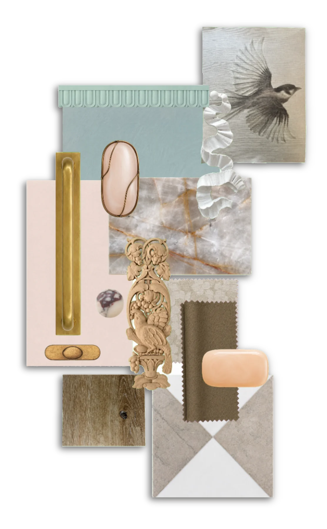 Rosy Manor material board — sage plaster, brass, marble, carved wood and a bird engraving